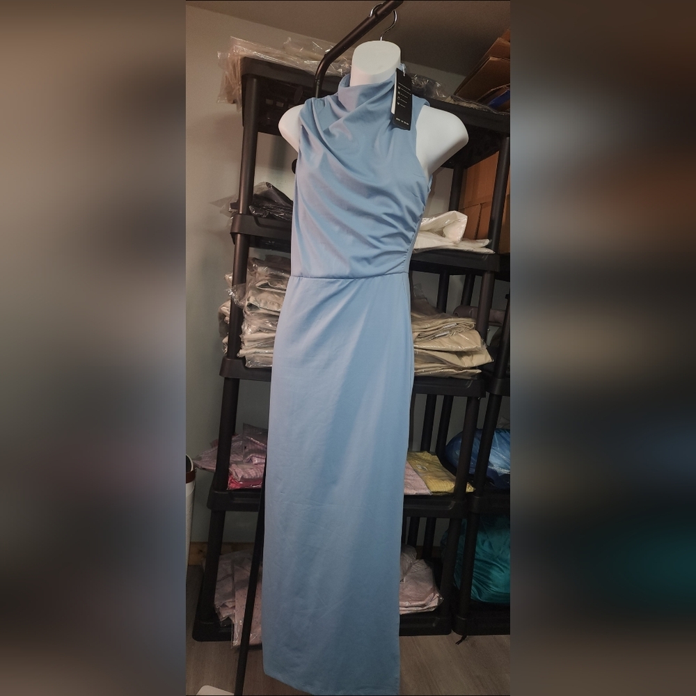 Blue Midi Pencil Dress with Slit for Cocktail